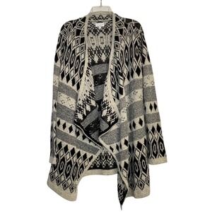 Lucky Brand Cardigan Womens L Black Cream Aztec Open Front Boho Sweater